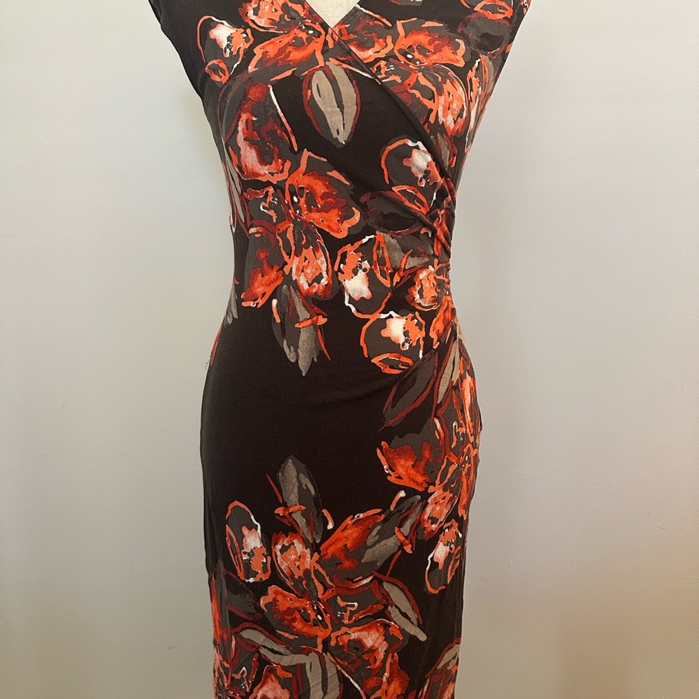 Ann Taylor Orange and Brown Sheath Midi Dress V-neck Sleeveless